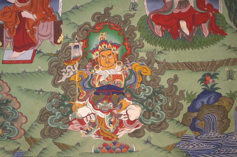 Bhutanese wall painting of the guardian king in the North